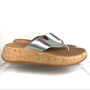 Fitflop F-mode Metallic Leather and Cork Platform Thong Sandals Sz 7